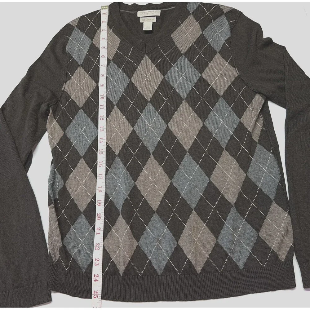BANANA REPUBLIC Mens Silk Cashmere Diamond Argyle Vneck Sweater Small Brown Blue